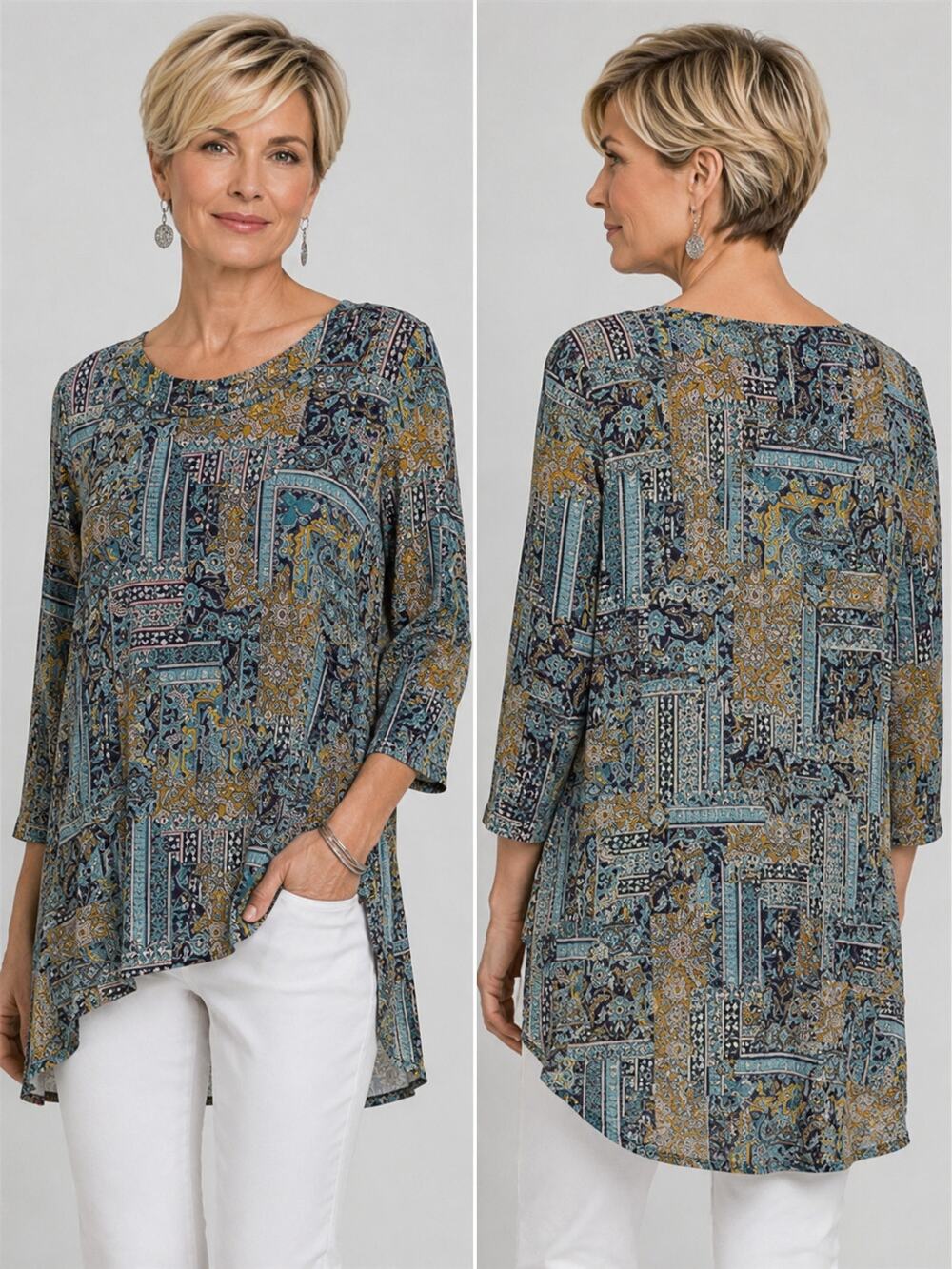 Chico's Patchwork Paisley Tunic Top High Low Hem Size 3 (XL) Travel Wear Artsy